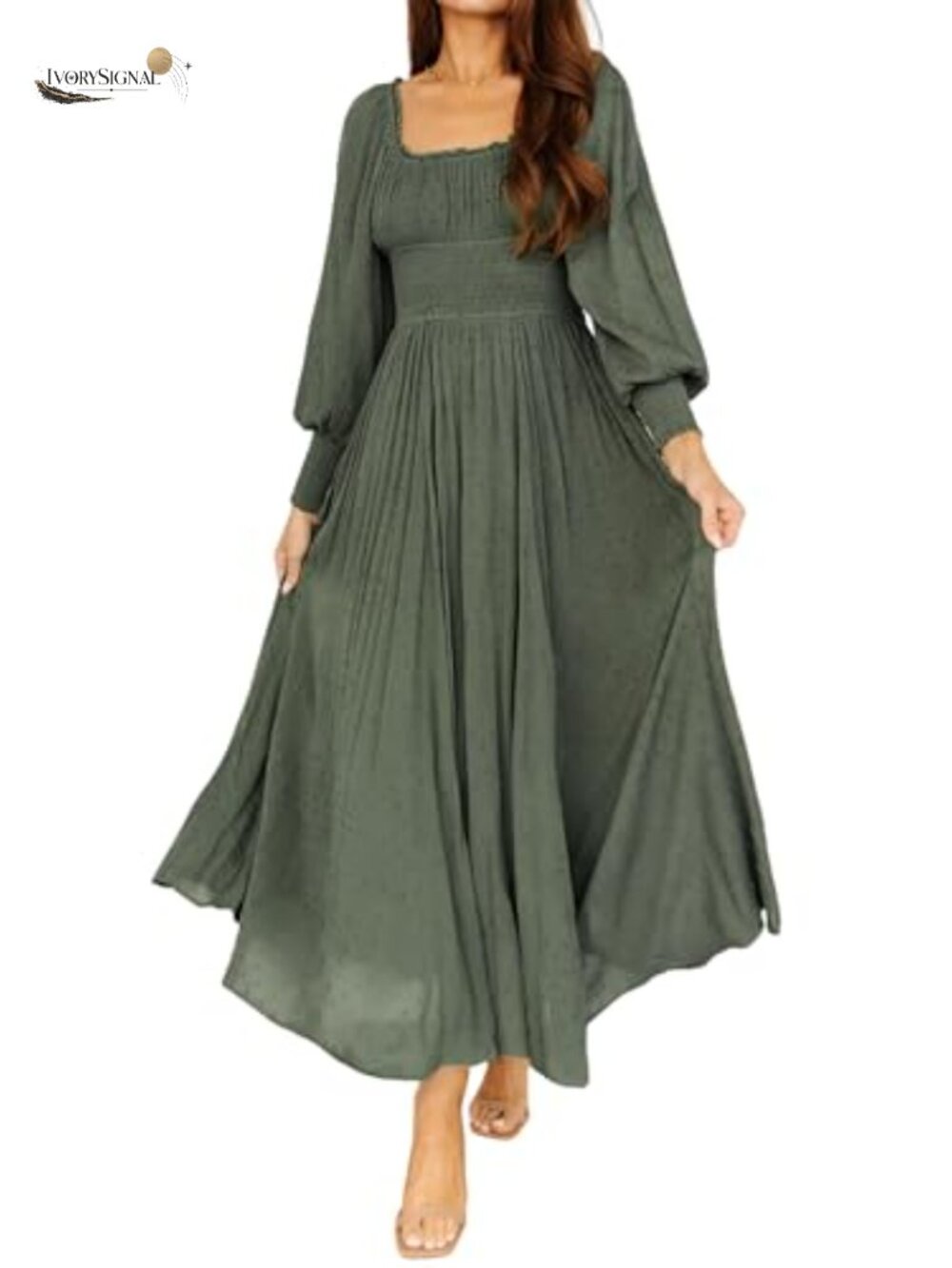 Women's Swiss Dots Maxi Dress Square Neck Puff Sleeves A-Line